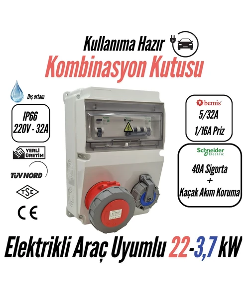 Bemis Kombinasyon Kutusu IP66 (40A Sigorta + Kaçak Akım Korumalı)(Taşınabilir Elektrikli Araç Şarj Cihazları İçin Uygundur) 5/32A Ön Çıkış + 1/16A Ön ürün görseli 1