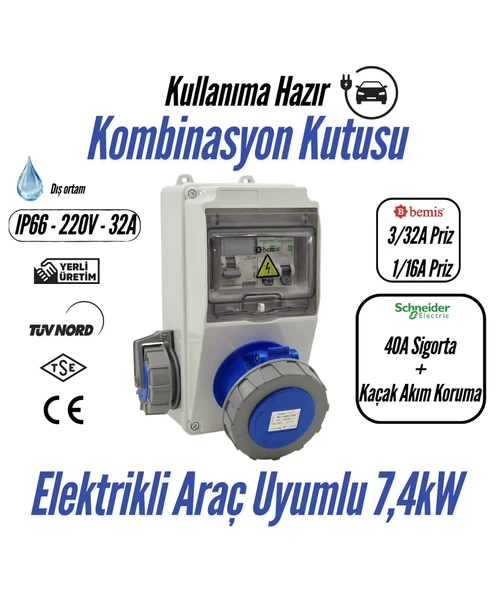 Bemis Kombinasyon Kutusu IP66 (40A Sigorta + Kaçak Akım Korumalı) (Taşınabilir Elektrikli Araç Şarj Cihazları İçin Uygundur) - 3/32A Ön Çıkış + 1/16A Ön Çıkış ürün görseli 1