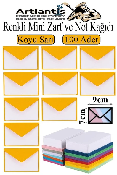 Koyu Sarı Mini Zarf 7x9 cm Not Kağıtlı 100 Adet Küçük Koyu Sarı Zarf Mektup Oyun Zarfı Doğum Günü Dilekleri Zarfı Canlı ürün görseli 1