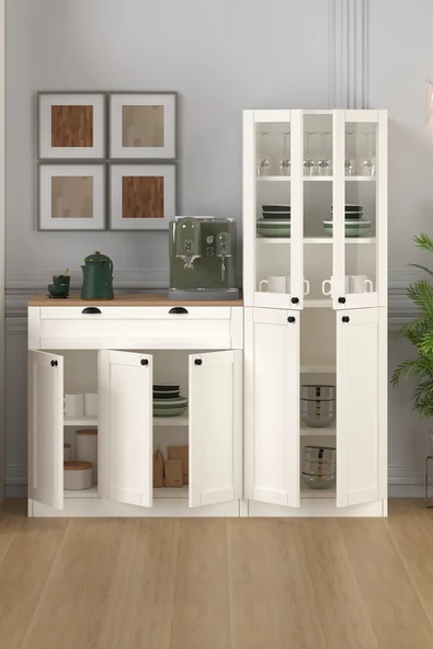 150 cm Vanilya Vitrinli Konsol, Çok Amaçlı Dolap - Resim 4