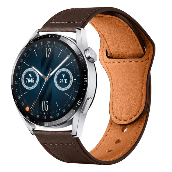 Huawei Watch GT3 46mm GT2 46mm İle Uyumlu Premium Classic Deri Görünümlü Kordon  Koyu Kahverengi ürün görseli 1