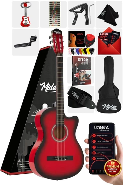 Midex CG-395RD Kırmızı Renk Kesik Klasik Gitar 4/4 Yetişkin Boy Sap Ayarlı Full Set ürün görseli 1