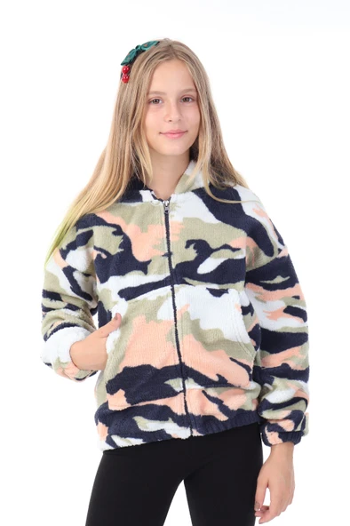 Toontoy Unisex Çocuk  Kapüşonlu Cepli Fermuarlı Desenli Polar Hırka 22671 ürün görseli 1