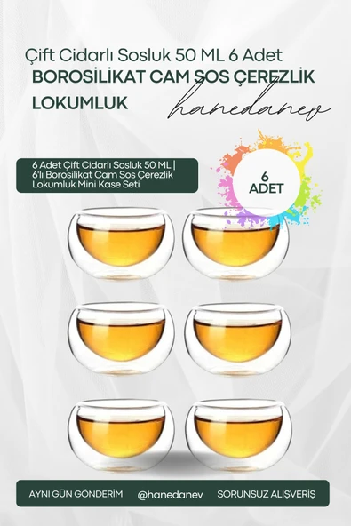6 Adet Çift Cidarlı Sosluk 50 ML | 6'lı Borosilikat Cam Sos Çerezlik Lokumluk Mini Kase Seti ürün görseli 1