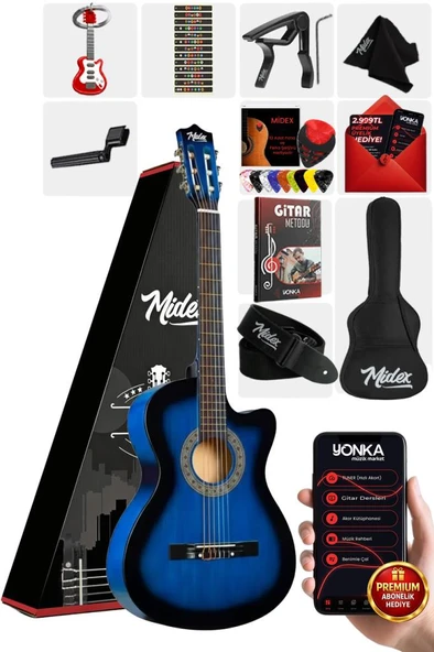 Midex CG-395BL Mavi Renk Kesik Klasik Gitar 4/4 Yetişkin Boy Sap Ayarlı Full Set ürün görseli 1