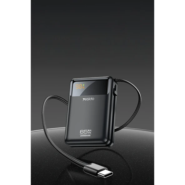 Yesido YP97 Dijital Göstergeli 20.000 mAh 65W Hızlı Şarj Destekli Dahili Type C Kablolu Laptop Şarj Edebilir Powerbank - Siyah ürün görseli 1