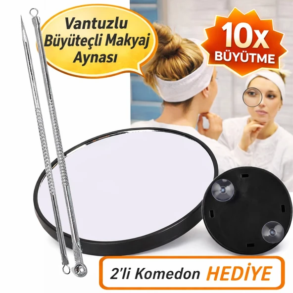 2 Li Komeden Siyah Nokta Temizleme Ve Büyüteçli Ayna Makyaj Aynası Vantuzlu Büyüteçli Ayna 10 X- 9cm ürün görseli 1