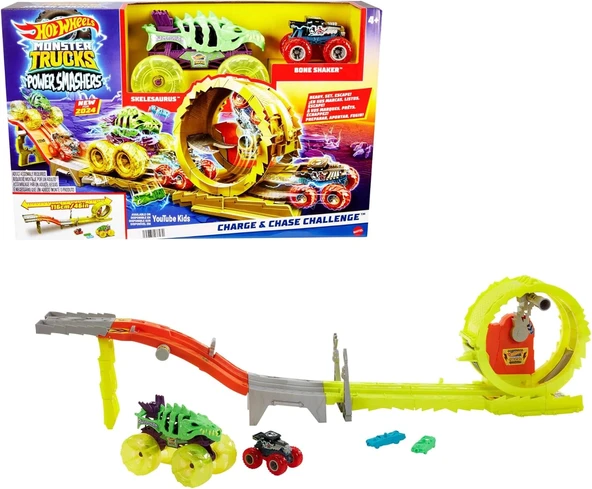 HOT WHEELS Monster Trucks Power Smashers Oyun Seti, 1:64 ölçekli Bone Shaker, 2 ezilmiş araba HXT05 ürün görseli 1