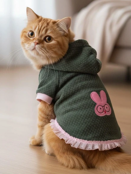 BunnyPop Kapüşonlu Kedi Elbisesi – Yeşil & Pembe ürün görseli 1