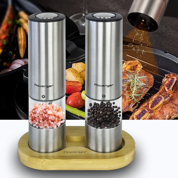 Rowenger 2'li Bambu Standlı Pilli Işıklı Tuz Karabiber Değirmeni Otomatik Baharat Öğütücü Seti ürün görseli 1