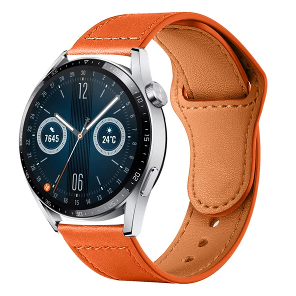 Huawei Watch GT3 46mm GT2 46mm İle Uyumlu Premium Classic Deri Görünümlü Kordon  Turuncu ürün görseli 1