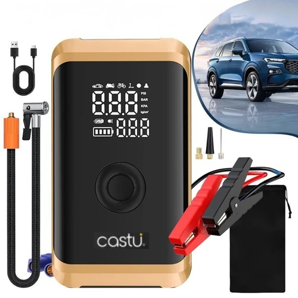 Castu Cs71 Plus Akü Takviye Cihazı | 4'ü 1 Arada Powerbank, Hava Kompresörü, LCD Ekran, 12.000mAh 150PSI ürün görseli 1