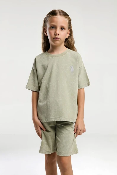 U.S. Polo Assn Kız Çocuk  2 li Bermuda T-şhirt Takım Çay Yeşili ürün görseli 1