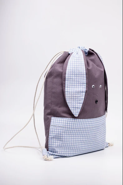 Çocuk Bez Sırt Çantası Tavşan Figürlü 33x45 cm Mavi Kareli ürün görseli 1