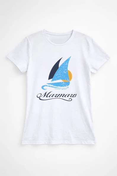 Kadın Bisiklet Yaka %100 Pamuk Marmaris Baskılı T-Shirt ürün görseli 1