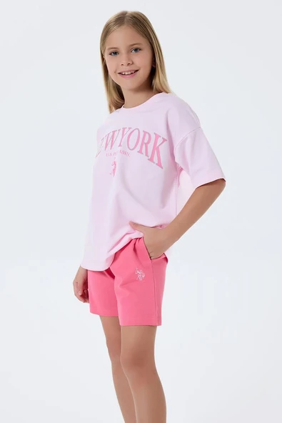 U.S. Polo Assn Kız Çocuk  2 li Şort T-şhirt Takım Koyu Pembe ürün görseli 1