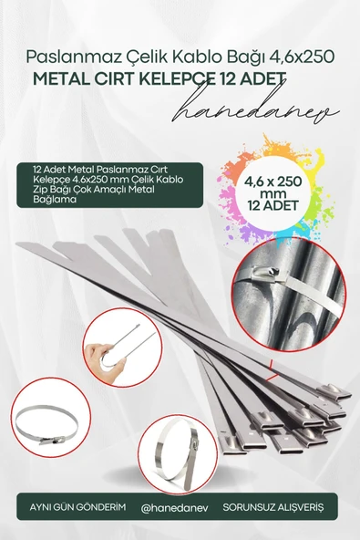 12 Adet Metal Paslanmaz Cırt Kelepçe 4.6x250 mm Çelik Kablo Zip Bağı Çok Amaçlı Metal Bağlama ürün görseli 1