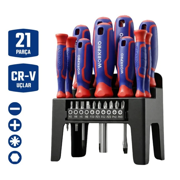 WORKPRO WP200551 21 Parça CR-V Duvar Askı Aparatlı Profesyonel Manyetik Tornavida Seti ürün görseli 1
