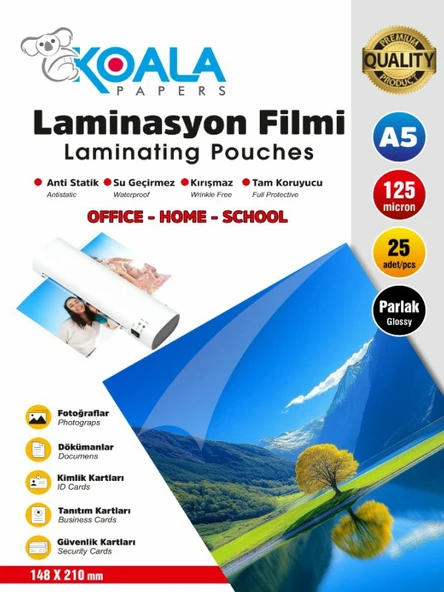 LAMİNASYON FİLMİ PARLAK A5 125 MİCRON 25 Li (A5) ürün görseli 1
