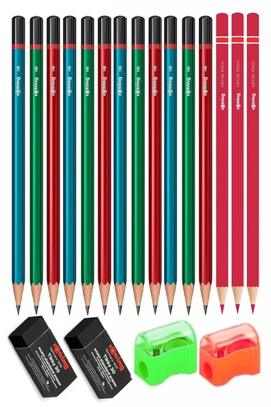 Rotring Kurşun Kalem 12 li Kırmızı Kalem 3 Adet Siyah Silgi 2 Adet Kalemtraş 2 Adet HB Mercanlı Siyah Kurşun Kalem Okul ürün görseli 1