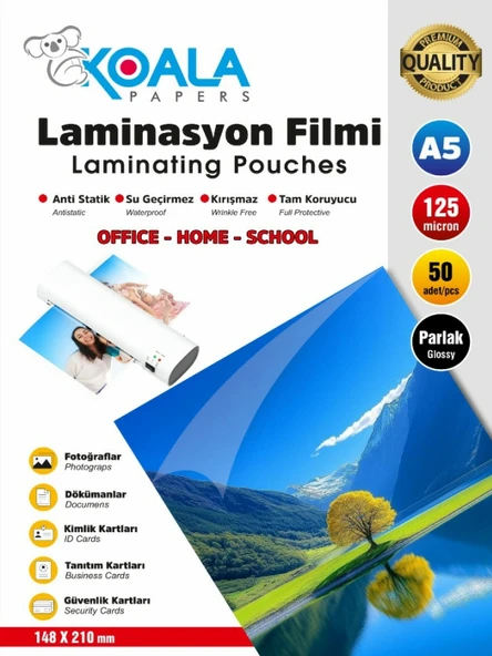 A5 Boyut Laminasyon Kaplama Filmi 125 micron 50'Li Paket ürün görseli 1