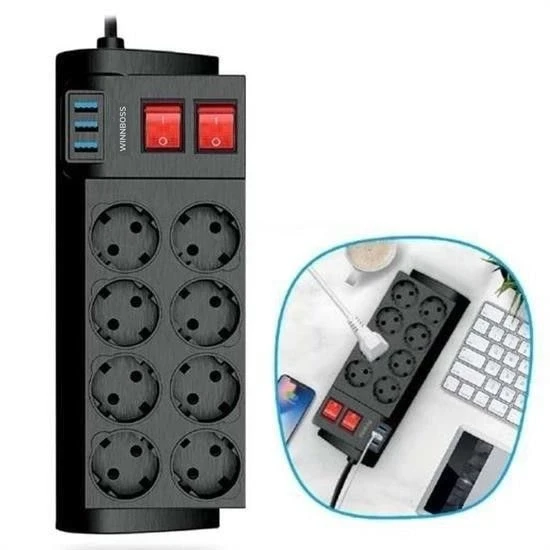 Isıya Dayanıklı Termal Akım Korumalı 2 Metre 16A 4000W 8li Priz ve 3 Usb Li Uzatma Kablosu ürün görseli 1