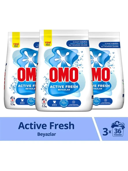 Omo Active Fresh Toz Çamaşır Deterjanı Beyazlar İçin En Zorlu Lekeleri İlk Yıkamada Çıkarır 5,5 KG x 3 Adet ürün görseli 1