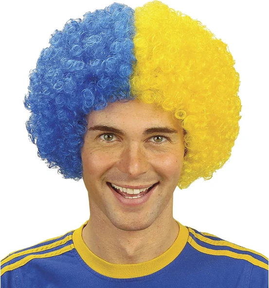 Sarı Lacivert Kıvırcık Afro Bonus Taraftar Peruğu ürün görseli 1