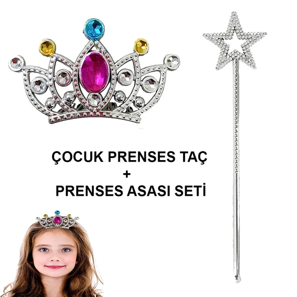 Çocuklar İçin Taraklı Prenses Tacı ve Prenses Yıldız Asa Seti Gümüş ürün görseli 1