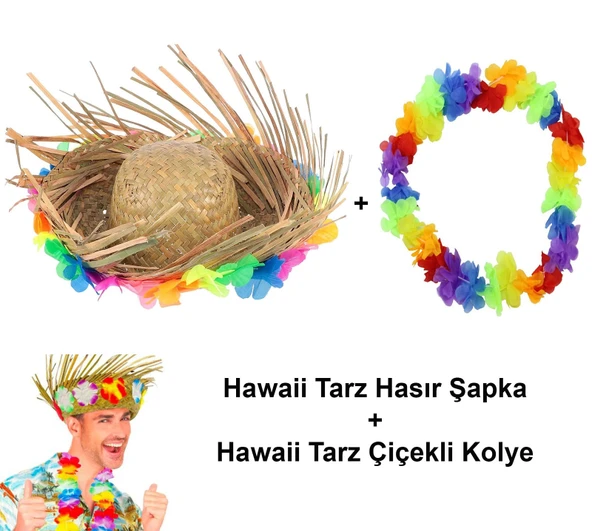Hawaii Tarzı Set - Tropikal Çiçekli Hasır Şapka ve Çiçekli Hawaii Kolye ürün görseli 1