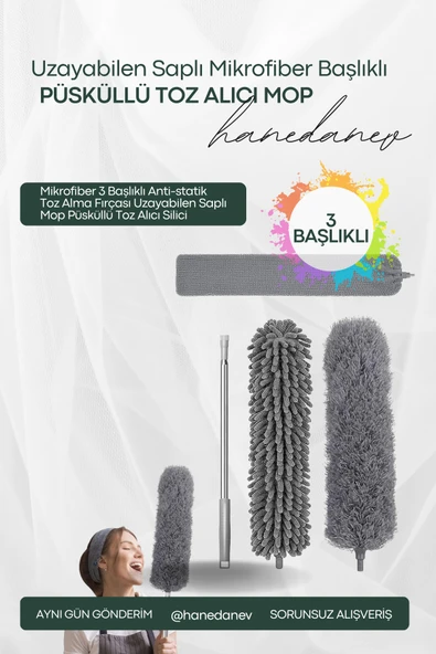 Mikrofiber 3 Başlıklı Anti-statik Toz Alma Fırçası Uzayabilen Saplı Mop Püsküllü Toz Alıcı Silici ürün görseli 1