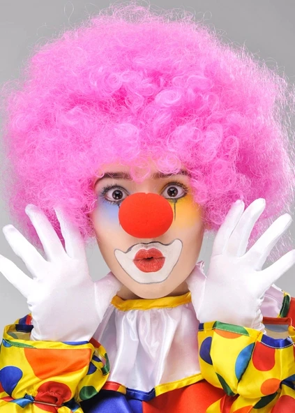 Pembe Renk Kıvırcık Bonus Peruk ve Kırmızı Burun Seti ürün görseli 1