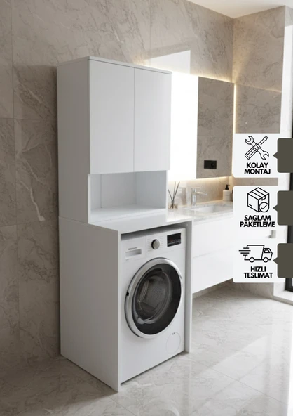 Tuna Çamaşır Makinesi Dolabı, Alt Üst Set, Kapaklı, Banyo Dolabı Beyaz ürün görseli 1