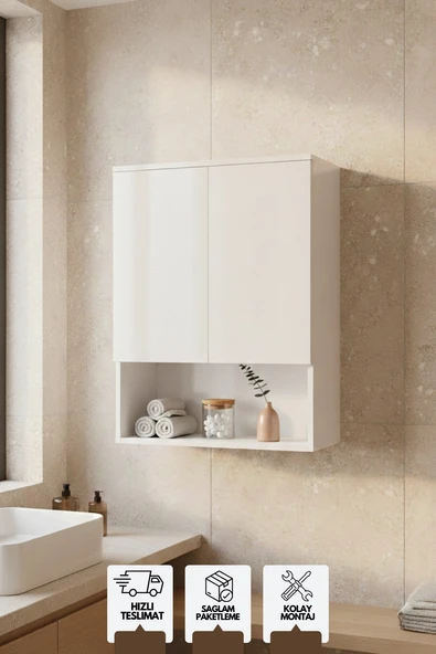 Tuna Çamaşır Makinesi Üst Dolabı, Çok amaçlı dolap, Kapaklı Banyo Dolabı Beyaz ürün görseli 1