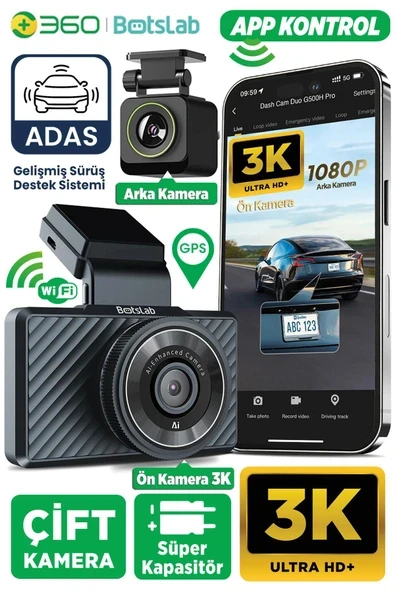 360 Botslab G500H Pro ADAS Ön 3K QHD -Arka 1080P FHD 150° Açı WiFi+GPS Gece Görüşlü Araç İçi Kamera ürün görseli 1