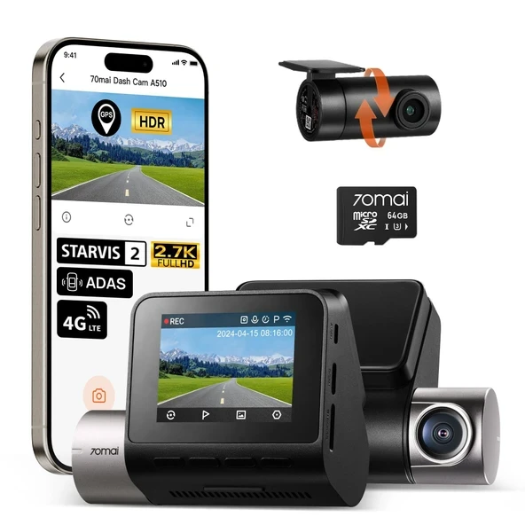 70mai Araç Kamerası Ön ve Arka A510,1944P+1080P, STARVIS 2 IMX675 ve 64GB Kart, Arabalar için Araç Kamerası, 4G LTE Desteği, ADAS, Dahili GPS WiFi, UYGULAMA... ürün görseli 1