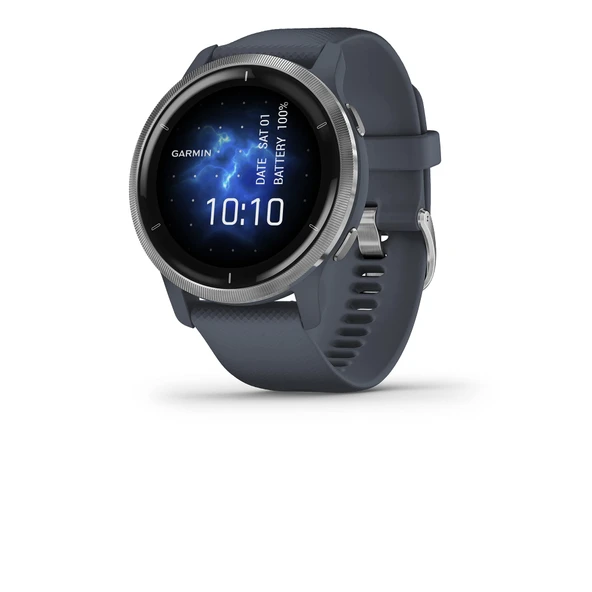 Garmin Venu 2, Gelişmiş Sağlık İzleme ve Fitness Özellikleri ile GPS Smartwatch, Silver Bezel ile Granit Blue Case ve Silikon Band Band ürün görseli 1