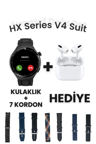 Çok Renkli HX Series V4 Suit Yuvarlak Akıllı Saat 7 Kordon ve Kulaklık Hediyeli Akıllı Saat Yok Siy ürün görseli 1