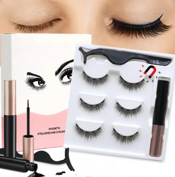 3d Manyetik 6 Adet Takma Kirpik Seti 3 Çift + Kirpik Cımbızı  + yapıştırıcı ürün görseli 1