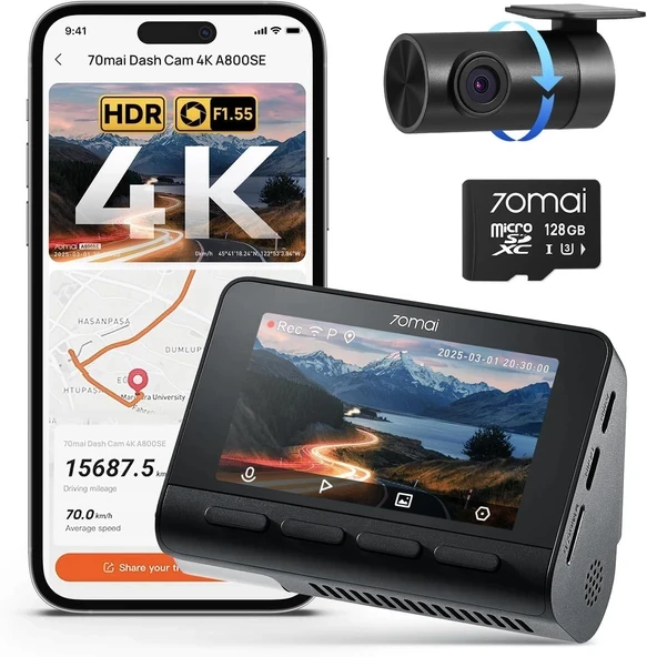 70mai 4K Araç Kamerası Ön ve Arka, Dahili Wi-Fi 6 ve GPS Araç Kamerası, Süper Gece Görüşü, ADAS, 3'' IPS Ekran, 24 Saat Park Modu, Hızlandırılmış, Döngü Tanıma... ürün görseli 1
