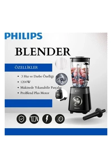 Phılıps Ultra Güçlü Blender, 1200W Problend Plus Motor, 2 Litre Cam Hazne, 3 Hız ve Darbe Özelliği, Makinede Yıkanabilir Parçalar Sessiz Çalışma ürün görseli 1