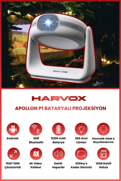 Apollon P1 Bataryalı Projeksiyon Cihazı Taşınabilir 4K Destekli 1080P Android Sistemli Projektör ürün görseli 1
