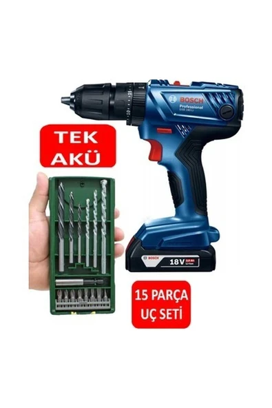 Bosch Tek Akülü Darbeli Matkap 18V Akülü Vidalama Şarjlı Matkap + 15 Parça Matkap Ucu Vidalama Ucu Seti ürün görseli 1