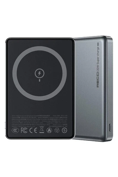 Hızlı Şarj Özellikli Magsafe Powerbank Recci RPB-W26 Armor Serisi Ultra Ince PD20W 15W 10000MAH Gri ürün görseli 1