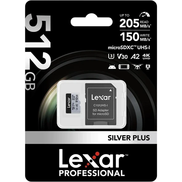 Lexar 512GB Yüksek Performanslı Silver Plus Microsdxc Uhs-I Up To 205MB/S Okuma 150MB/S Yazma Hafıza Kartı ürün görseli 1