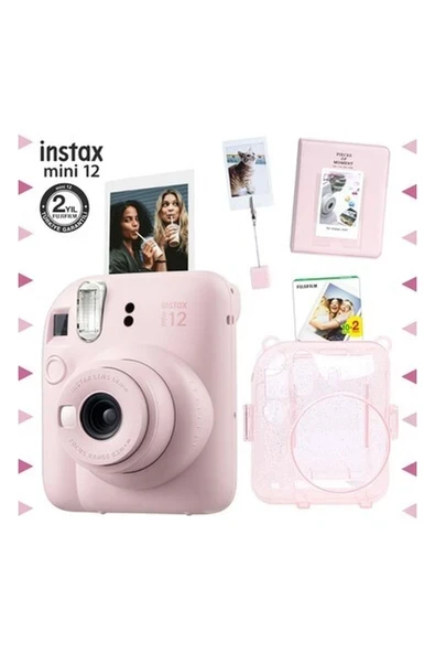 Fujifilm Instax Mini 12 Pembe Fotoğraf Makinesi - 20'li Film - Kıskaçlı Stand - Pvc Albüm ve Simli Pleksi Kılıf Seti ürün görseli 1