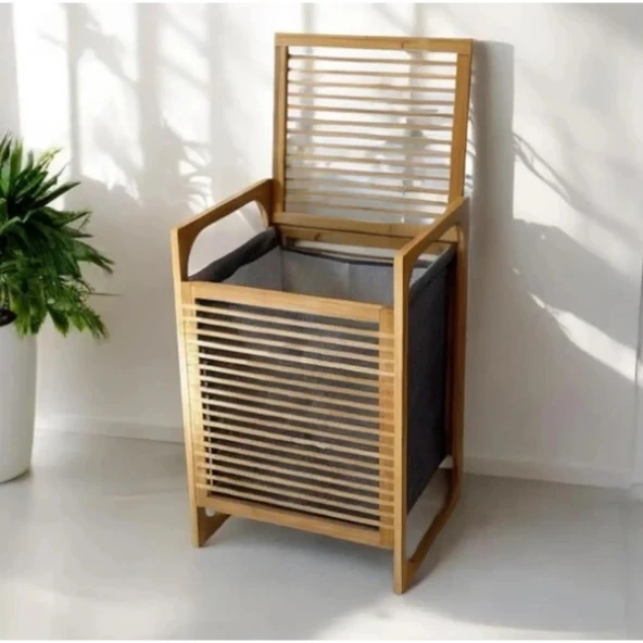 Orta Boy Ahşap Bambu Kirli Sepeti 40x35x60 ürün görseli 1
