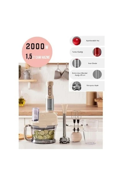 Mastermaid Premium Pro Paslanmaz Çelik Bıçaklı 2000W Mutfak Robotu, Soft Cream ürün görseli 1