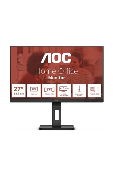 27 Aoc 27E3QAF IPS 4ms 75MHZ 1xvga 1xhdmı 1xdp Fhd 1920X1080 Hoparlör Yükseklik Ayarı Çerçevesiz Pıvot Vesa Siyah ürün görseli 1