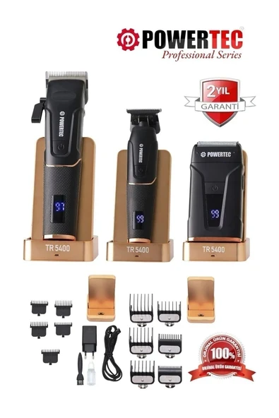 Powertec TR-5400 Saç Sakal & Günlük Tıraş & Ense Çizim Profesyonel Berber Tıraş Makinesi 3'lü set ürün görseli 1